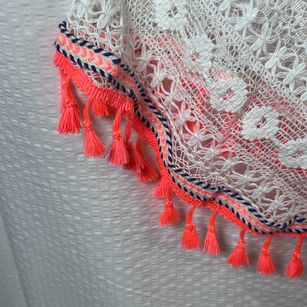 Express White Cotton Crochet‎ Neon Pink Tassels Open Swimsuit Cover Up One Size